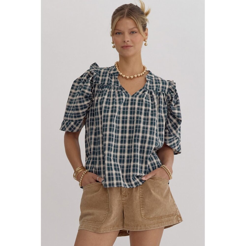 entro Sz. M Preppy Academia Green Plaid Blouse